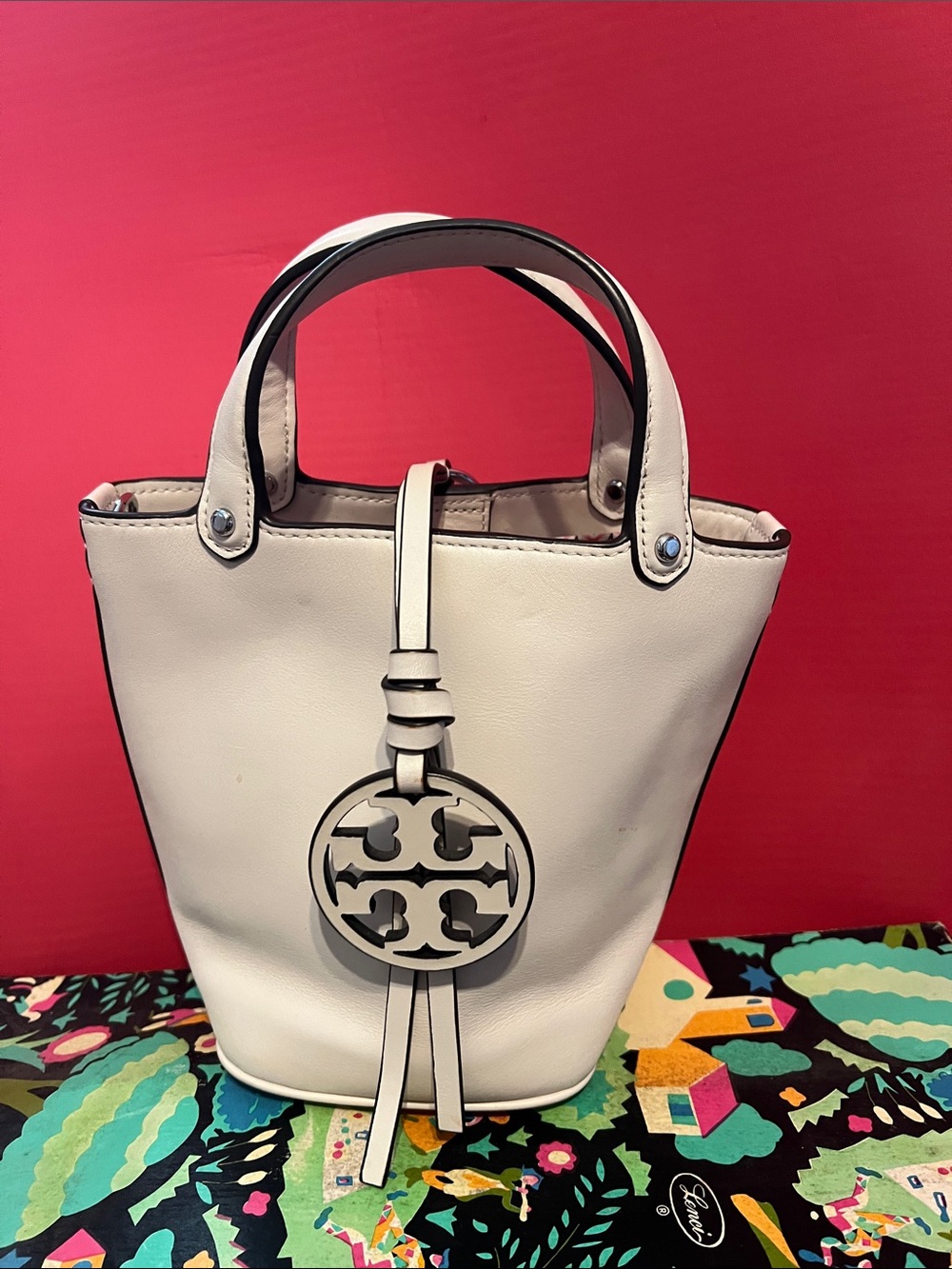 Tory Burch White Leather Mini Tote with Black Trim and Logo Medallion